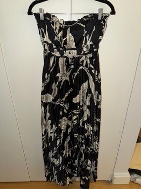 Petal & Pup Black and Cream Floral Strapless Pleated Maxi Dress